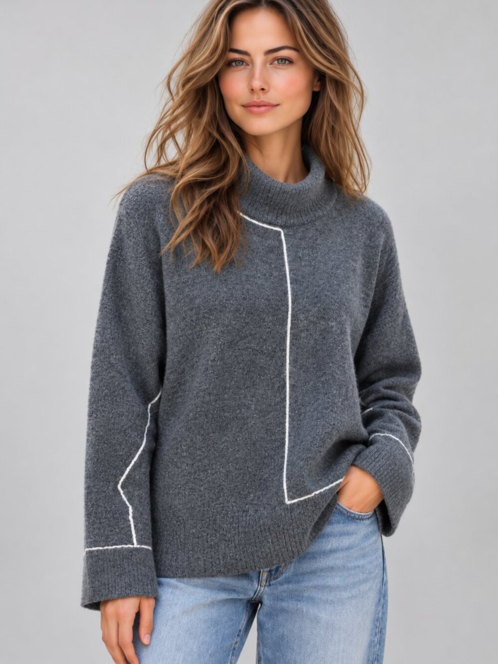 Silver Jeans Co. mock turtleneck, cool contrast piping